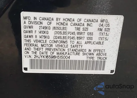 2006 Honda Ridgeline Rtl z USA, uszkodzony, nr VIN 2HJYK16596H515004